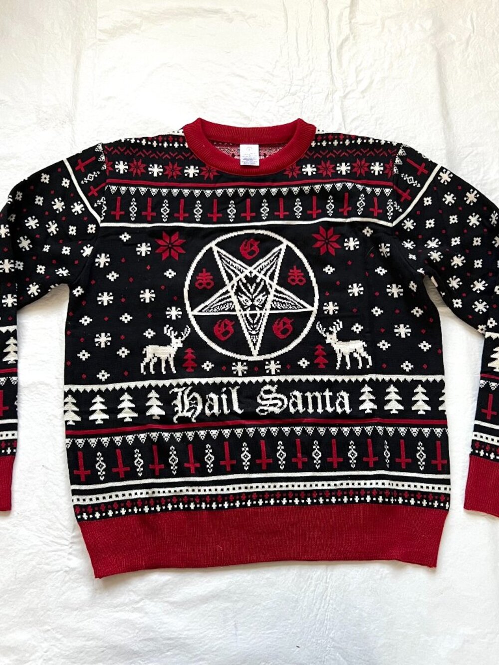 Ugly Christmas Sweater black red white knit Hail Santa Adult Large pullover